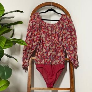 Intimately Free People MEDIUM Red Sundown Floral Paisley Balloon Sleeve Bodysuit